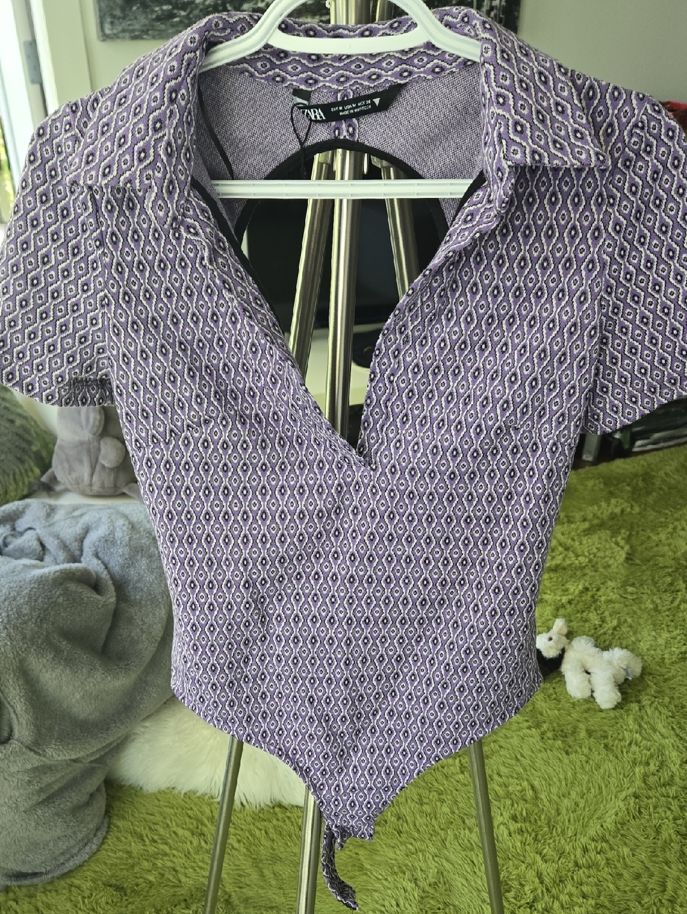 Zara Purple Patterned Short-Sleeve Bodysuit Top Clean Crotch